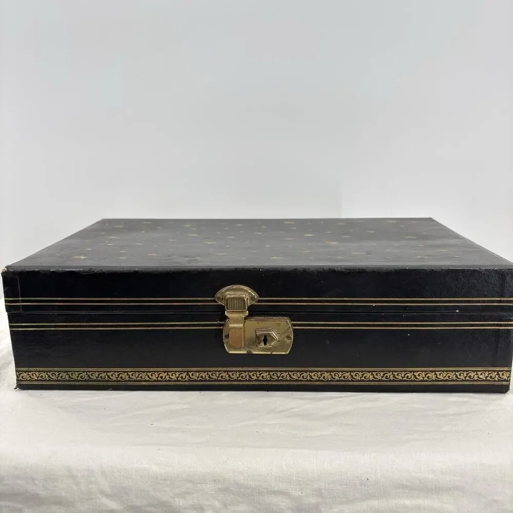 Vtg 2 Tier Jewelry Box Black Leathette Gold Stars Celestial 14x8.5